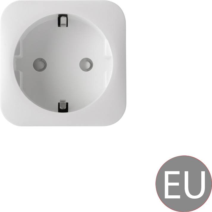 White EU plug socket against a white background, marked with a circle and the letters 'EU' in the bottom right corner.