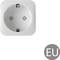White EU plug socket against a white background, marked with a circle and the letters 'EU' in the bottom right corner.