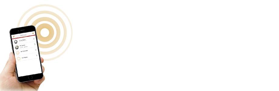 A smartphone held in one hand displays an app with a contact list. Concentric circles are suggested in the background.