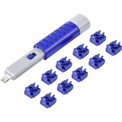 USB diagnostic tool in blue and silver with nine blue plug adapter attachments, used for troubleshooting and analysis in computer networks.