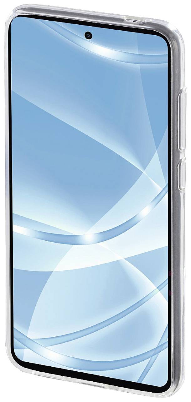 Smartphone with a blue screen, simple user interface visible, side transparent casing.