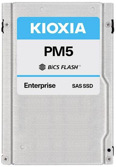'Kioxia PM5 Enterprise SAS SSD', a silver storage device with BiCS Flash technology, suitable for enterprise applications.