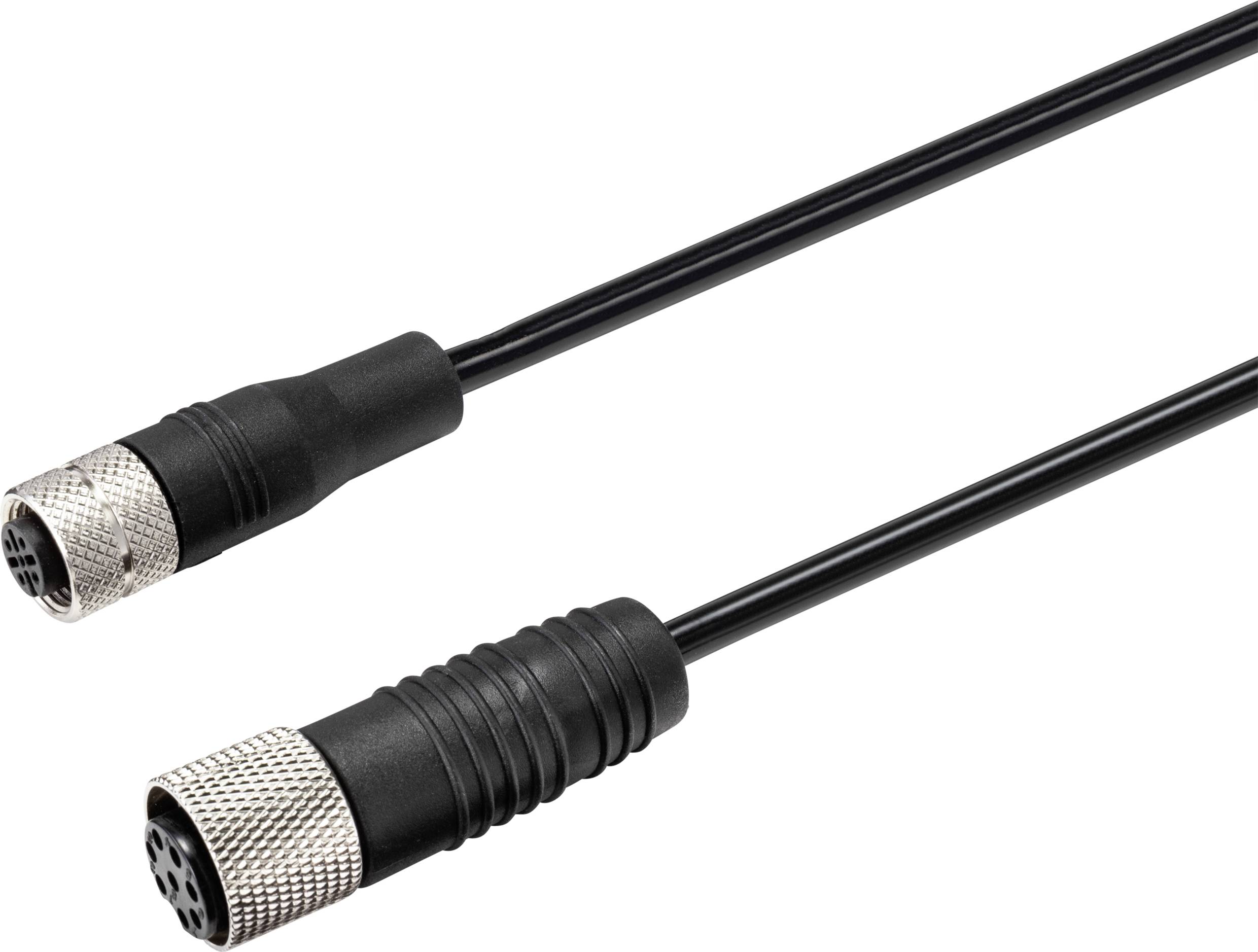 A black cable with two connectors at the ends, one male and one female, suitable for technical connections.