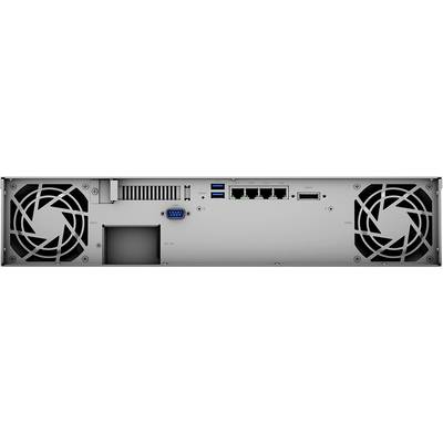 Back of an electronic device with ventilation slots, multiple USB ports, Ethernet ports, and a serial connection.