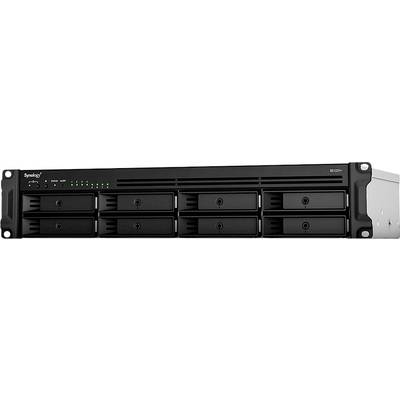 A black network storage device with eight drive bays and LED indicators on the left side.