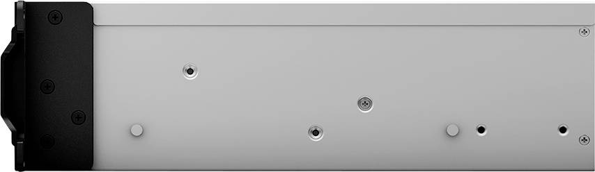 Grey metal box with multiple screws and a black border on the left side. Possibly a component of a technical device or hardware.