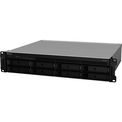 A black network-attached storage (NAS) device with eight drive bays. Eight green LED indicators are illuminated on the top left.