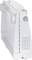 A white electric heater with ventilation slots and a control knob on the side. The device stands upright, side view.