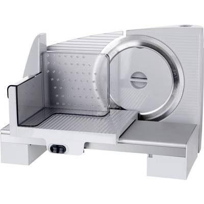 Electric metal all-purpose slicer with circular saw blade, rotary dial for slice thickness adjustment, clear protective cover.