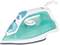 A modern steam iron in turquoise and white with temperature control and water tank, for efficient clothes smoothing.