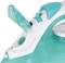 Close-up of a turquoise steam iron with its water tank lid open, showing the filling aperture and control valve.