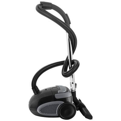 A black vacuum cleaner with grey details and a wavy hose stands upright.