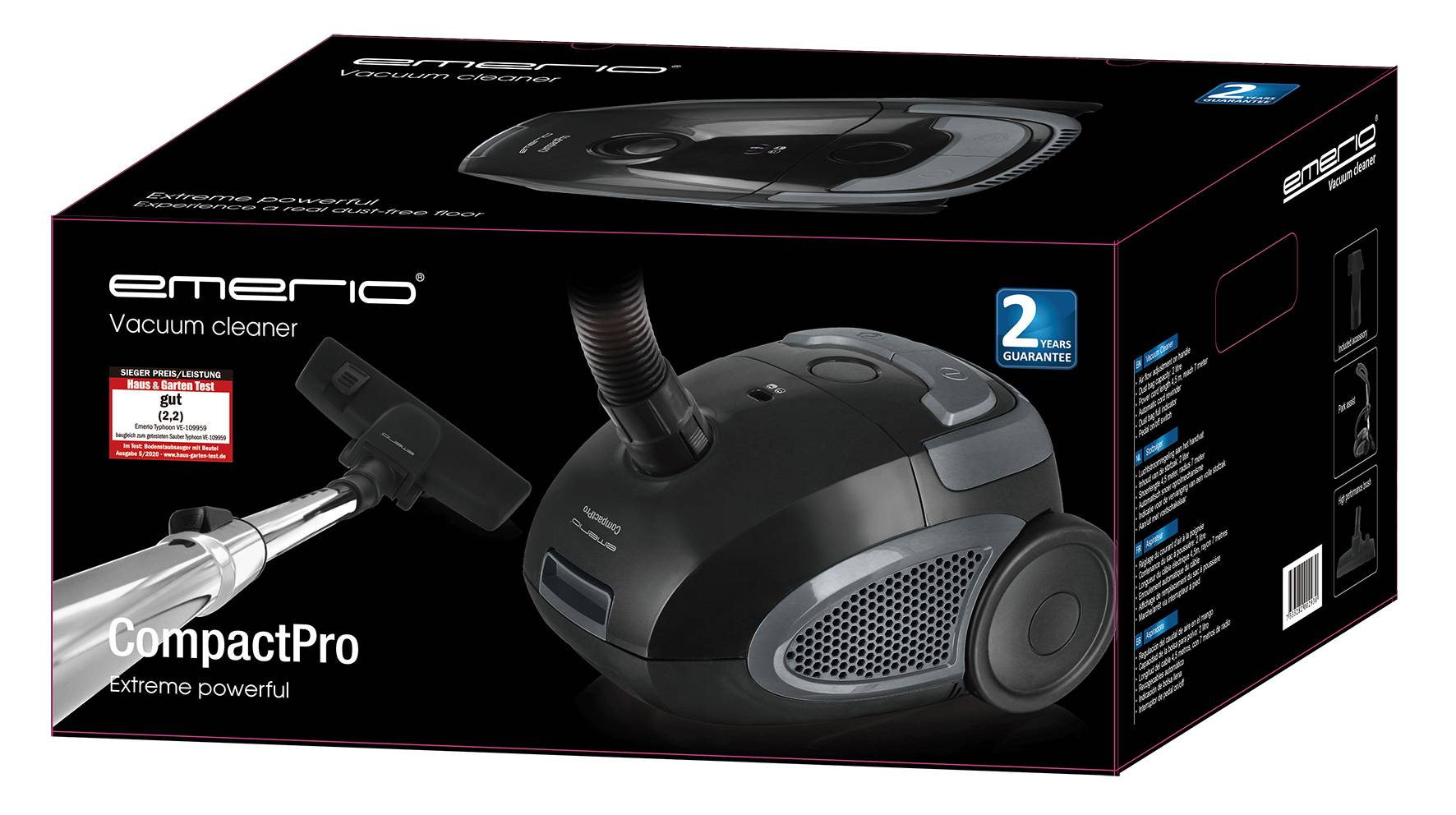Black packaging of an "emerio" vacuum cleaner with the model name "CompactPro". A vacuum cleaner is pictured with the inscription "extremely powerful".