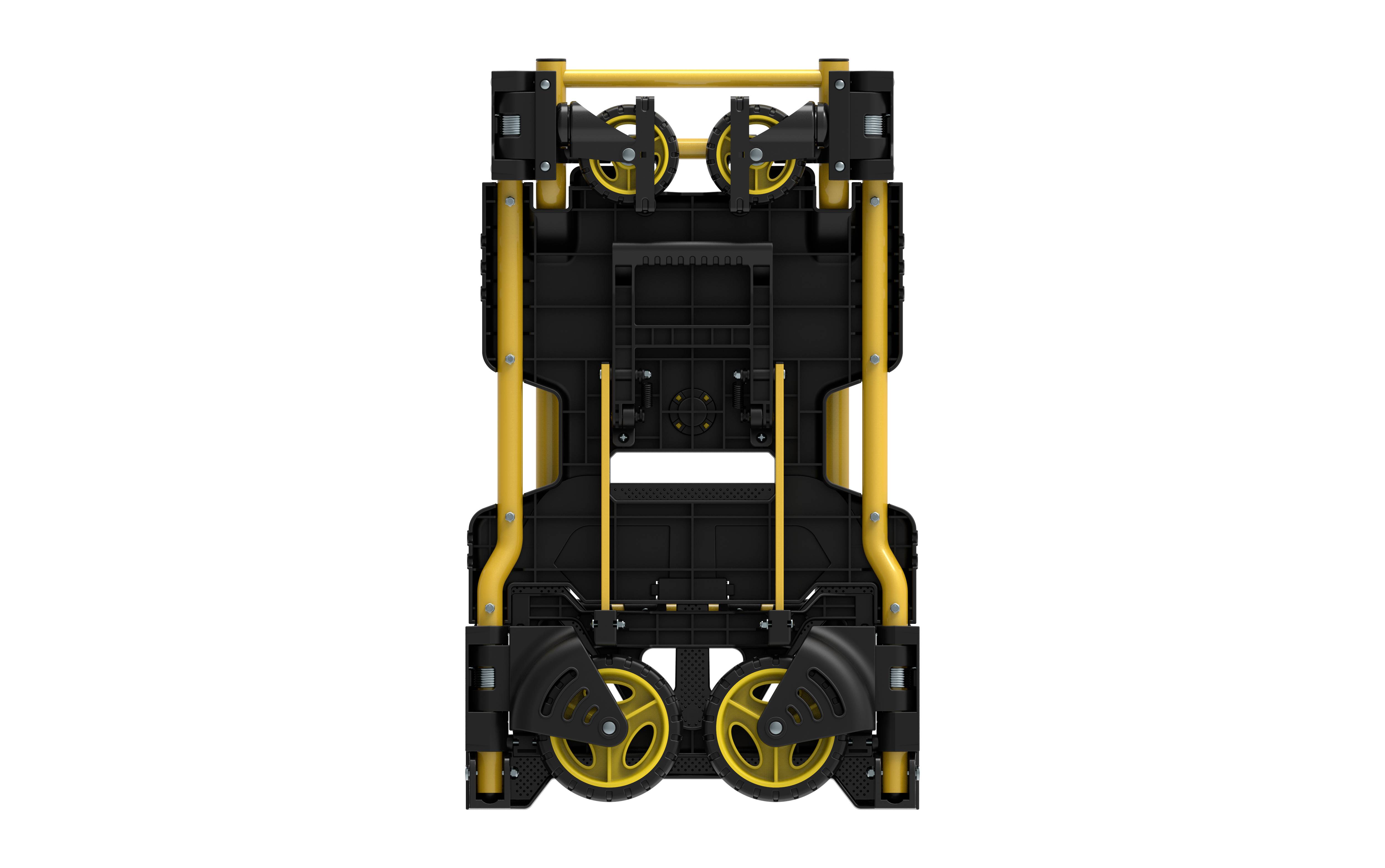 View of a folded black pushchair with yellow elements and wheels, ideal for compact storage and transport.