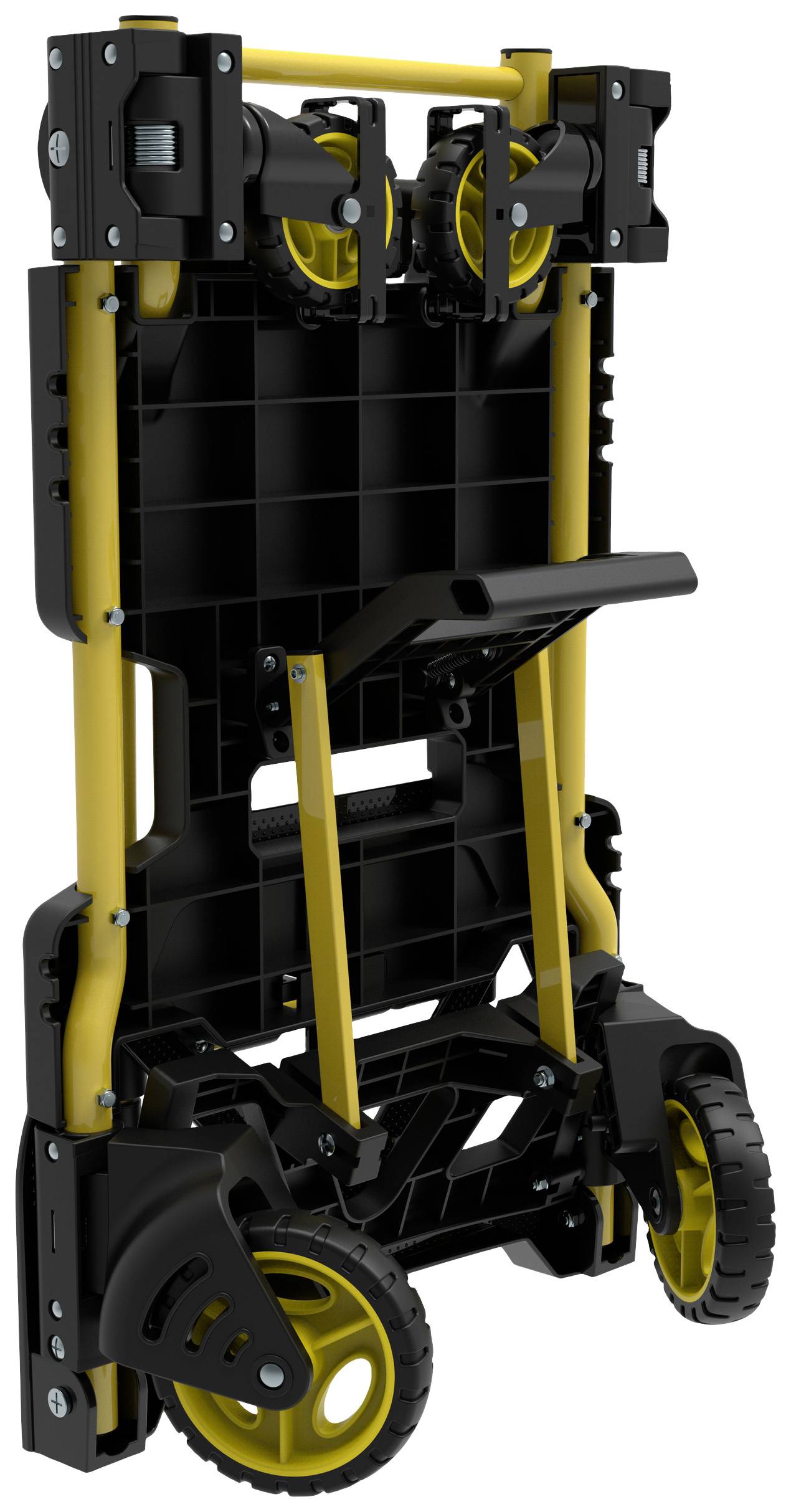 A folded, yellow-black transport trolley with robust wheels and a sturdy frame, ready for storage.