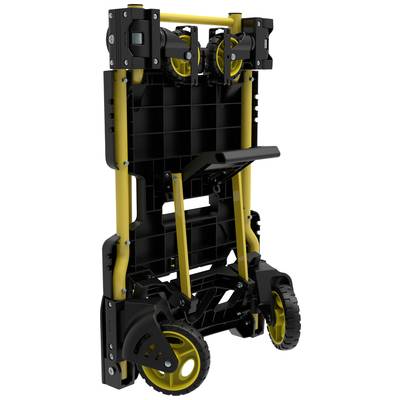 A folded, yellow-black transport trolley with robust wheels and a sturdy frame, ready for storage.
