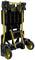 Foldable hand trolley made of yellow and black metal with large wheels, folded up in a vertical position.