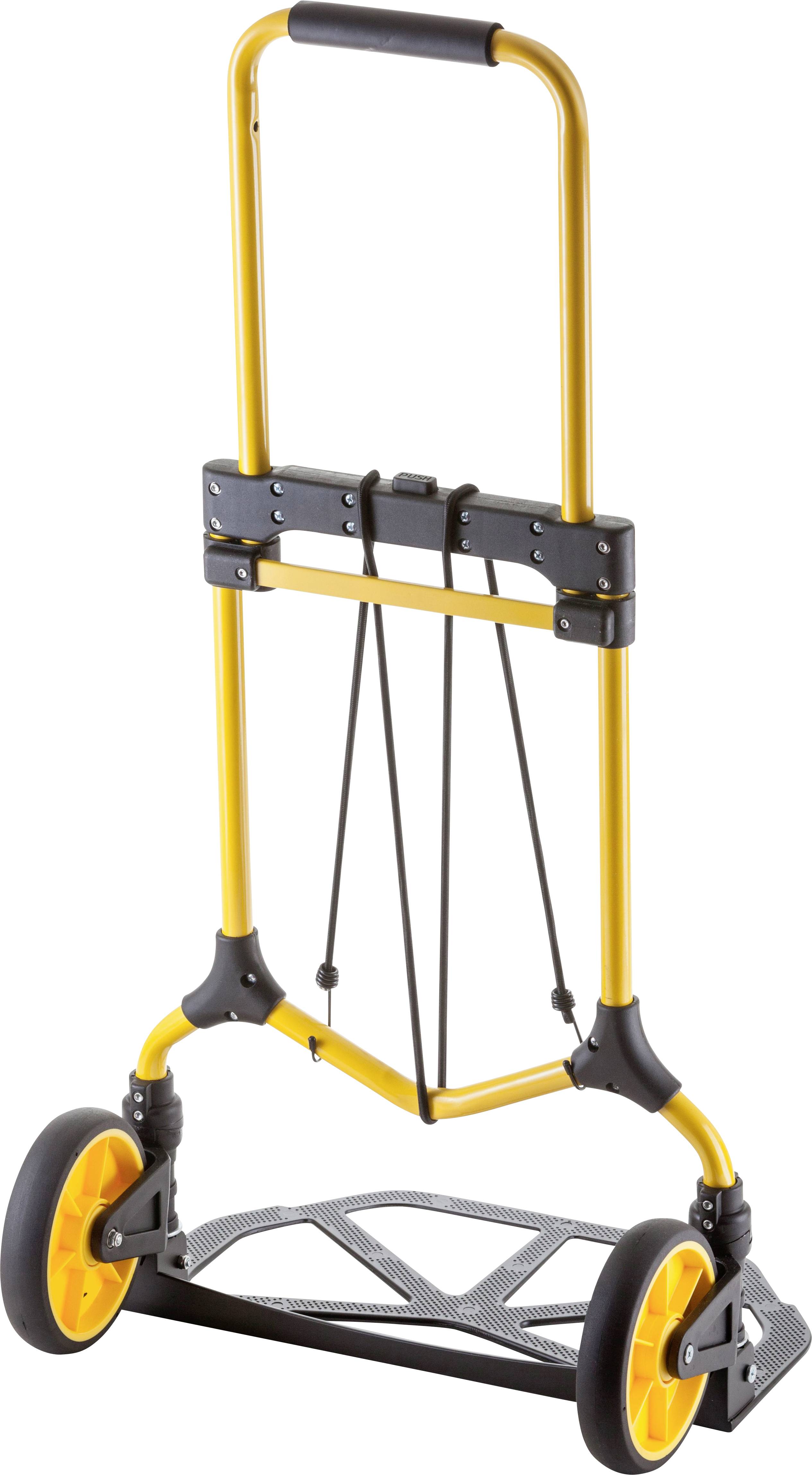 A yellow, folding trolley with black handles and large wheels. Perfect for transporting loads.