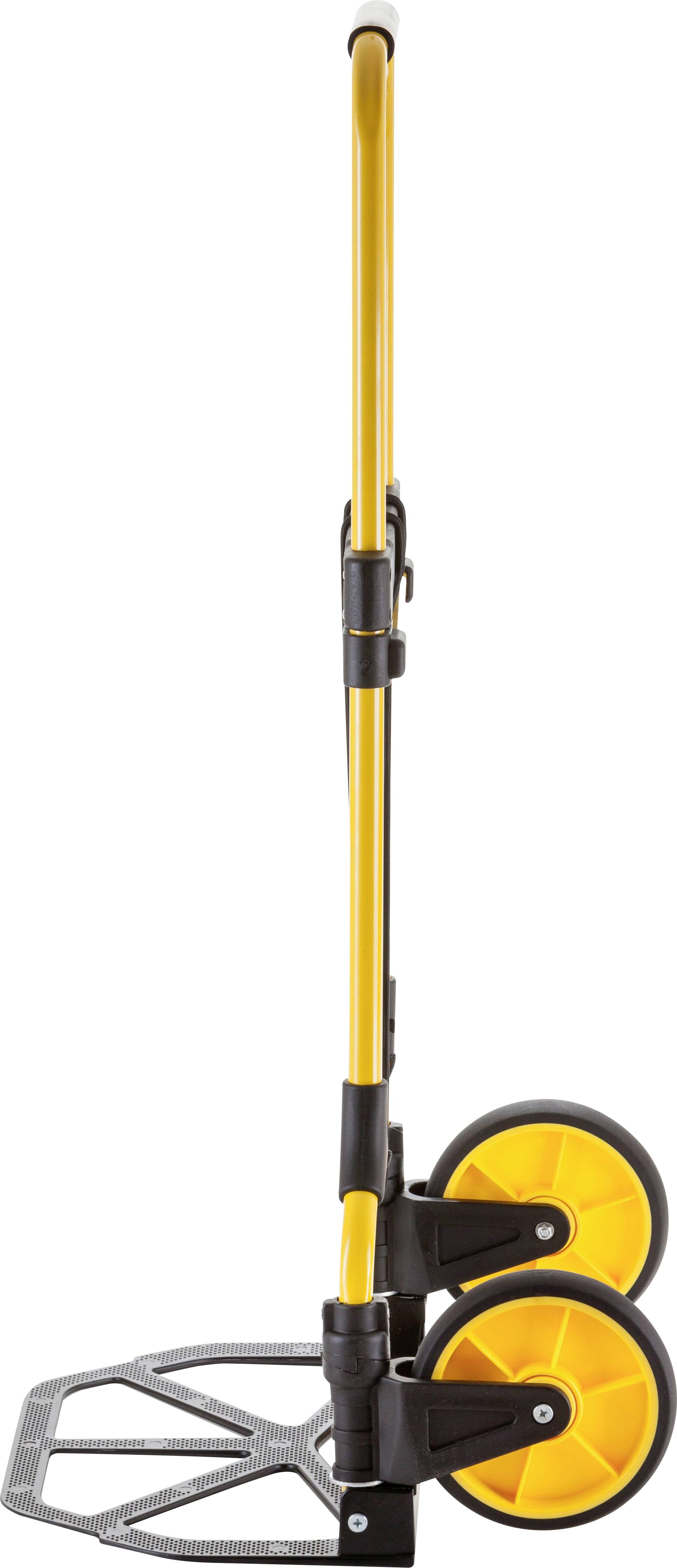 Folding luggage trolley with a yellow handle and large yellow wheels, side view.