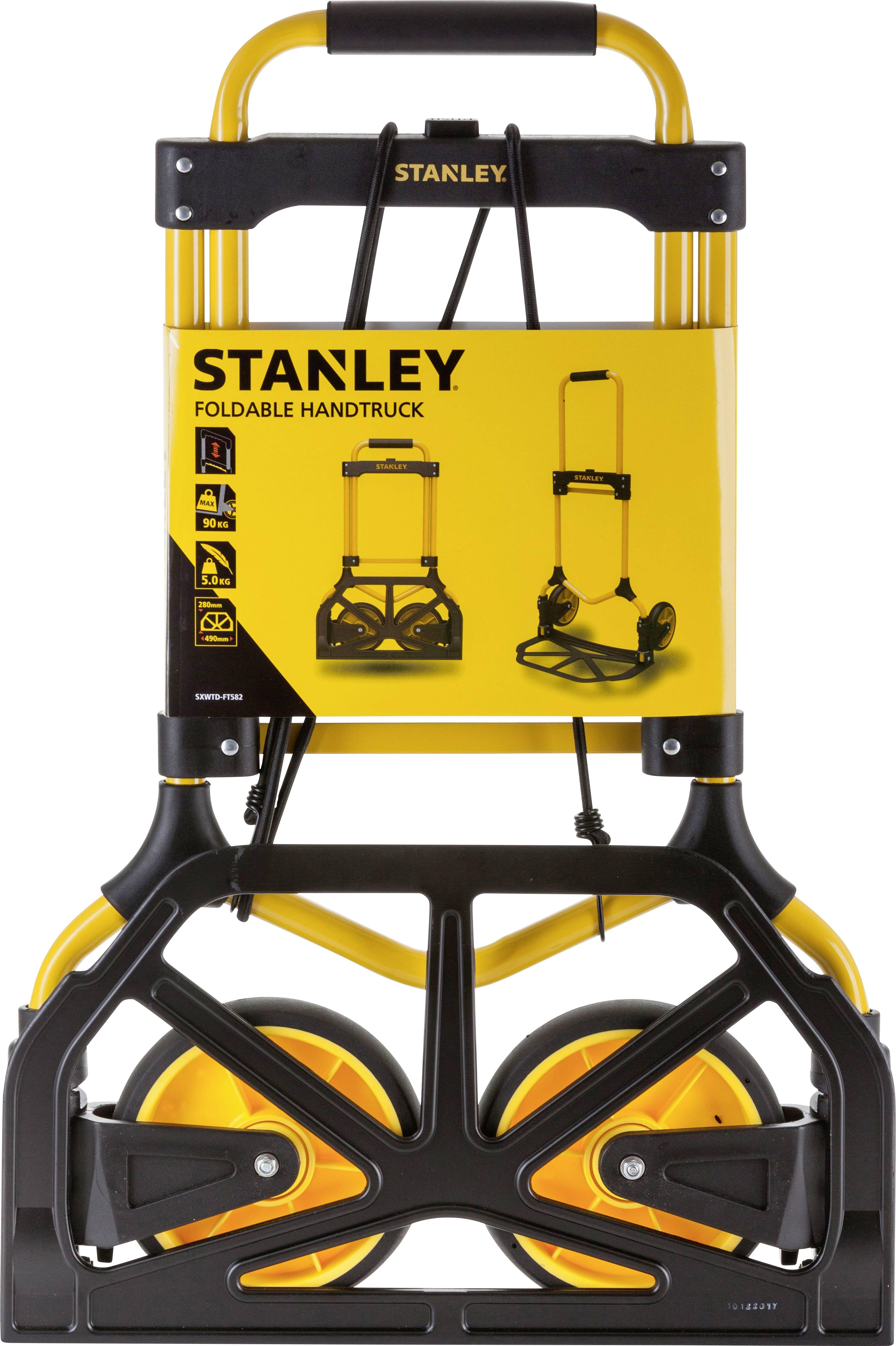 'STANLEY folding hand trolley', yellow packaging with image and technical details; double-wheel design visible.