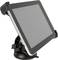 A tablet in a black holder with a suction cup, positioned at a slight angle. Ideal for hands-free use in a car.