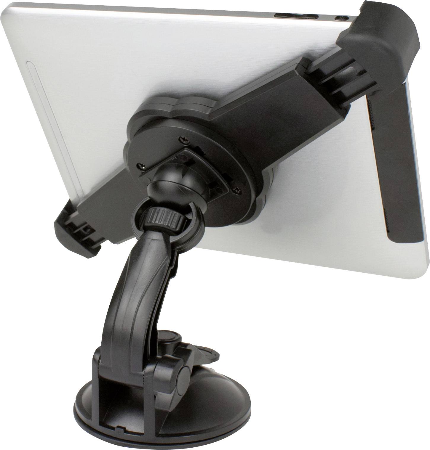 Tablet holder in black plastic, secured with a suction cup. It holds a tablet in a horizontal position.