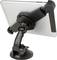 Tablet holder in black plastic, secured with a suction cup. It holds a tablet in a horizontal position.