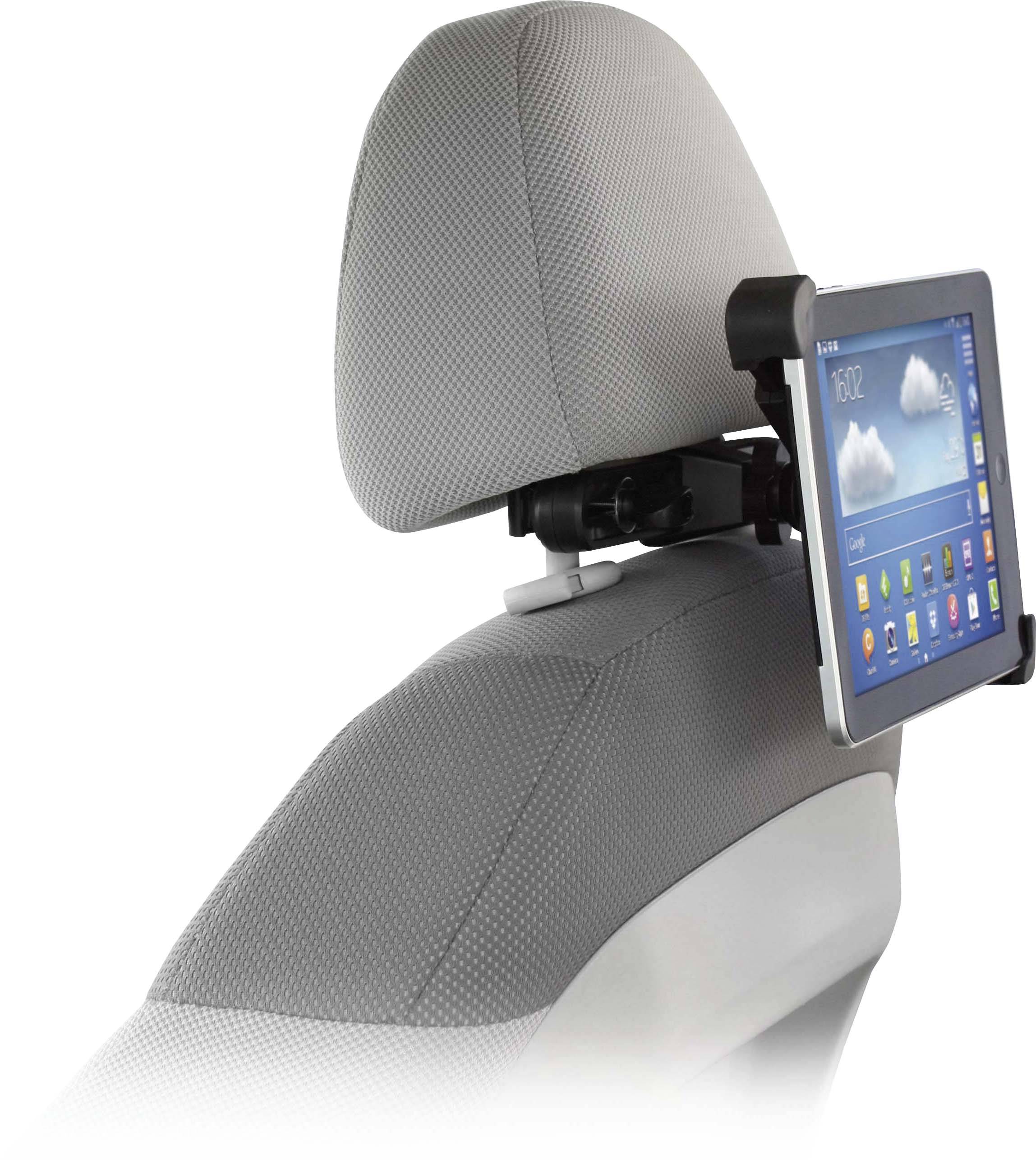 A tablet is attached to the back of a car seat. It displays a weather app with the time and cloud symbols on the screen.