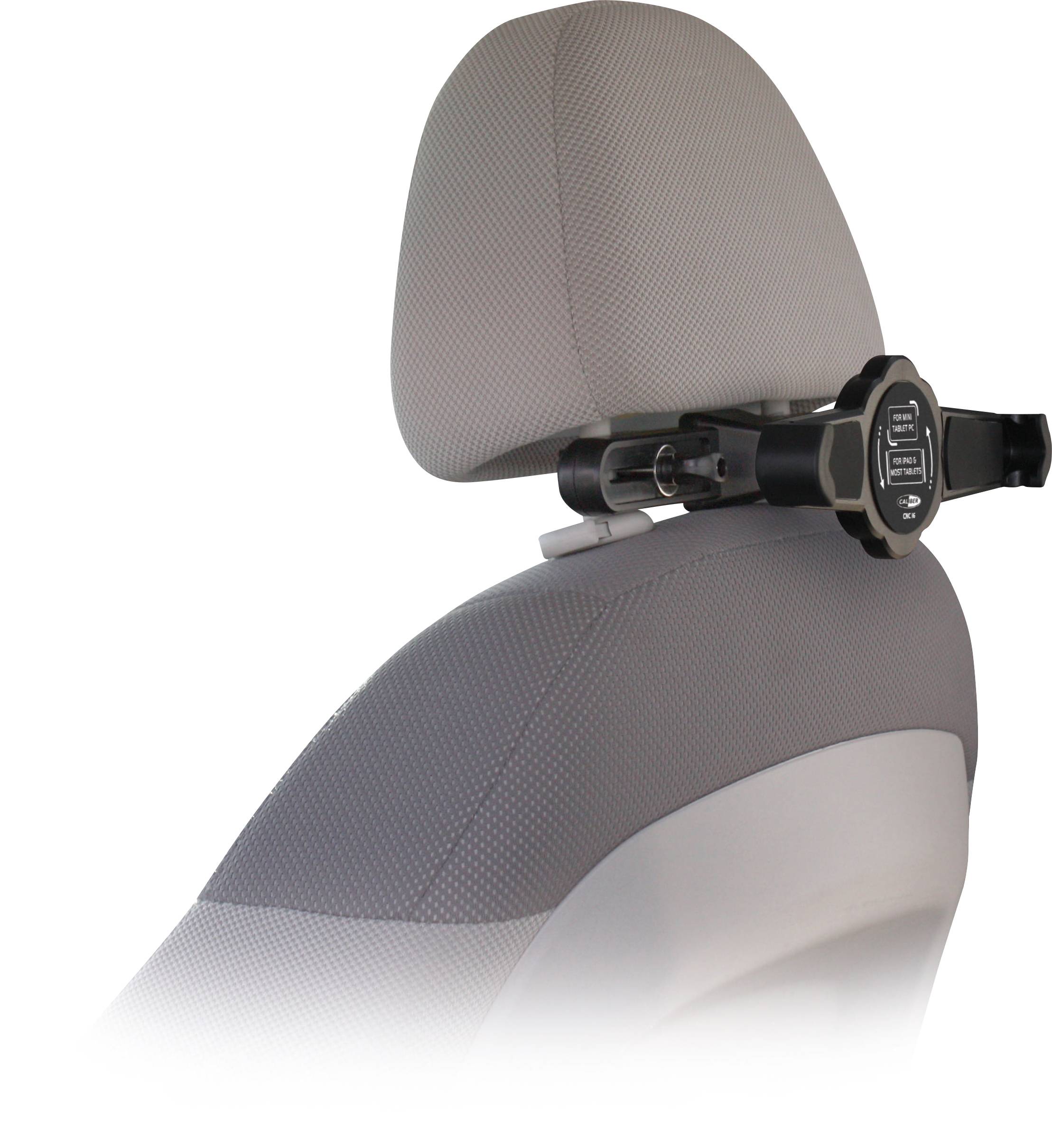 Car headrest with mounted black bracket and control unit, suitable for seat comfort or safety technology.