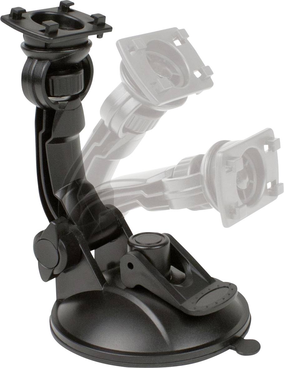 An adjustable black mount with a suction cup. It is shown in positions that illustrate different angles.