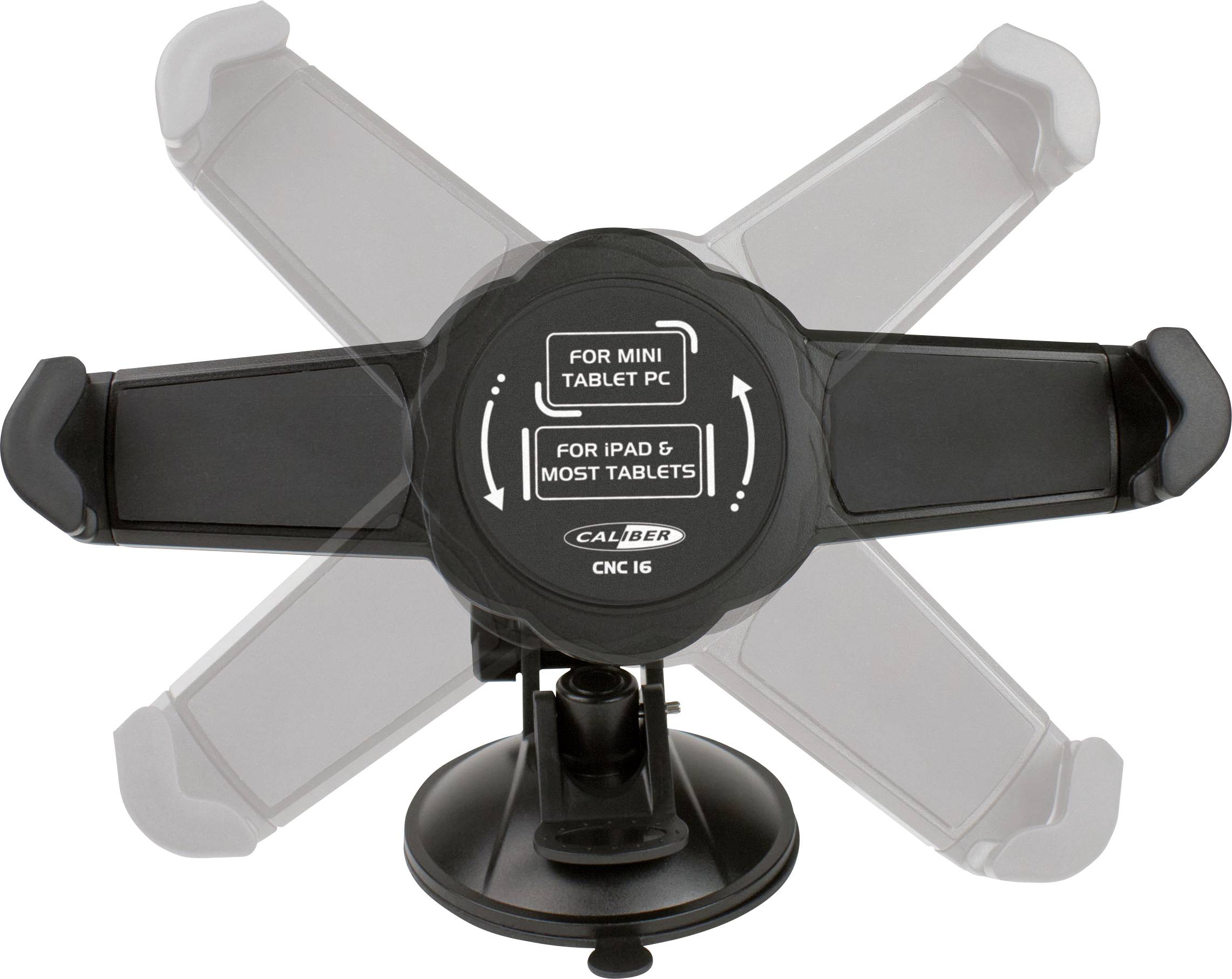 Mounting Bracket for Mini Tablet PCs. Compatible with iPad and Most Tablets. Adjustable Arms on Suction Cup Base.