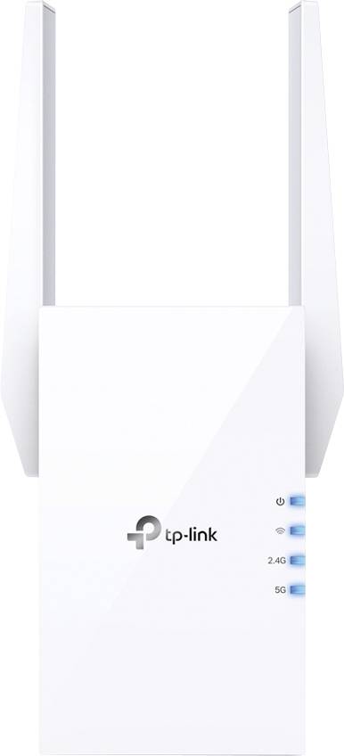 A white TP-Link Wi-Fi repeater with two aerials. Four blue LED indicators on the front display signal strength and activated frequencies.