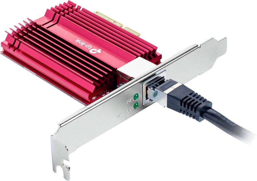 Red TP-Link network card with connected Ethernet cable, suitable for high-speed connections in PCs.