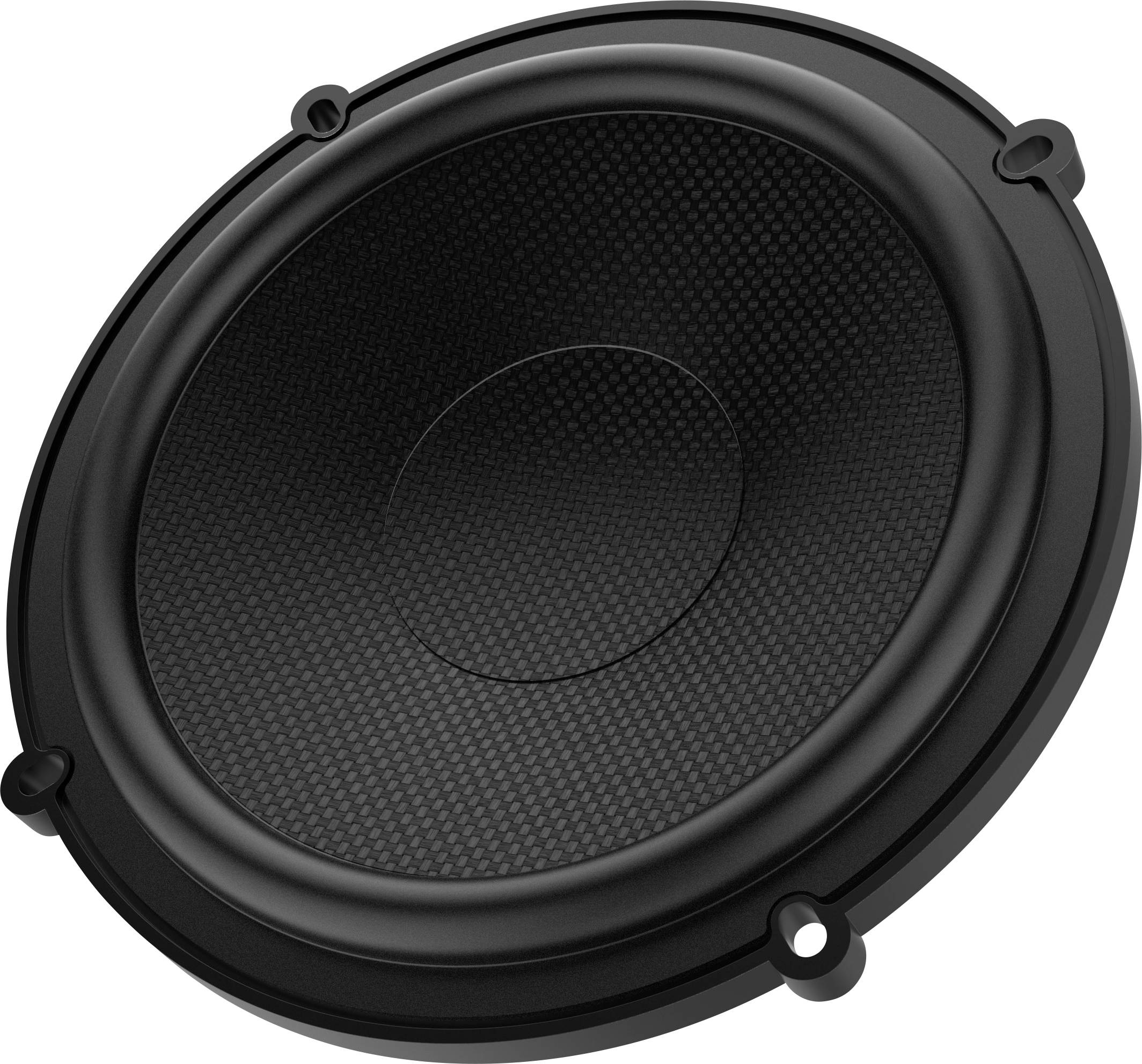 A black speaker with a textured surface and four screw holes.