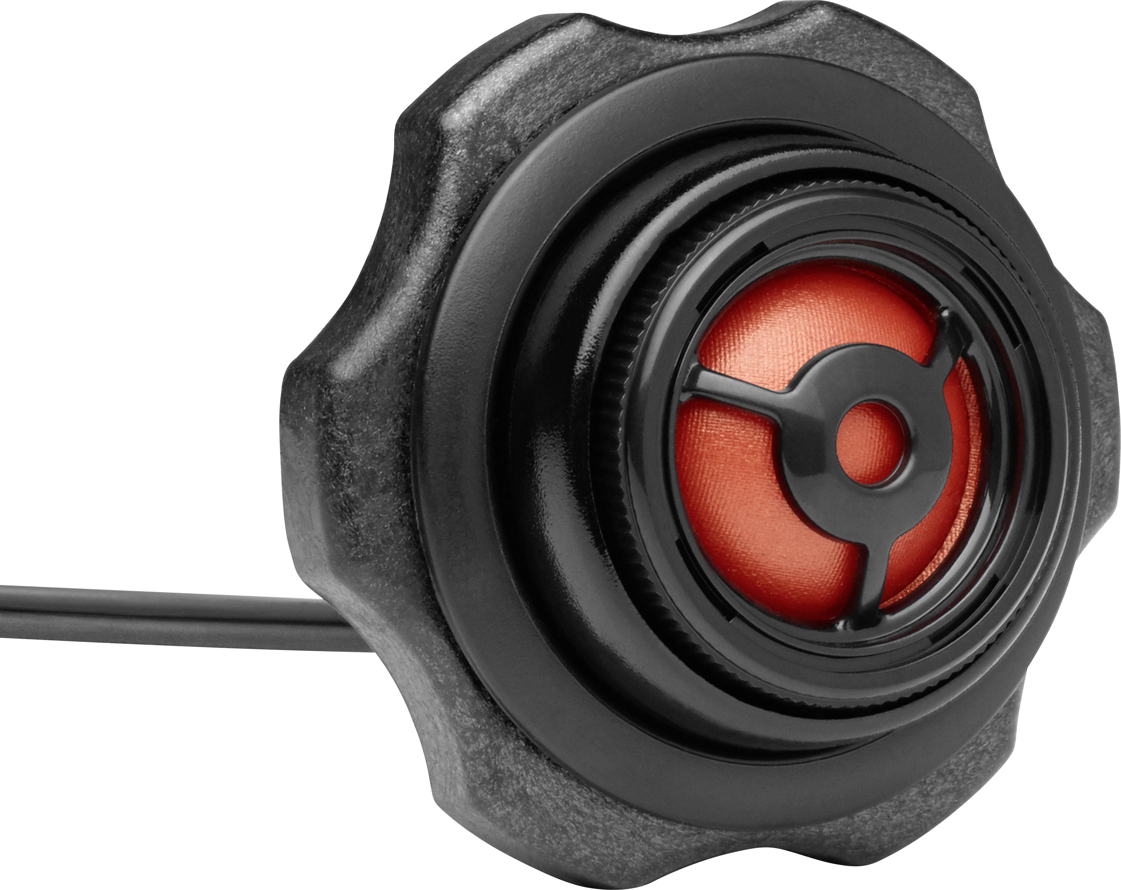 Round, black speaker with a distinctive red central section and star-shaped outer casing, connected by a black cable.