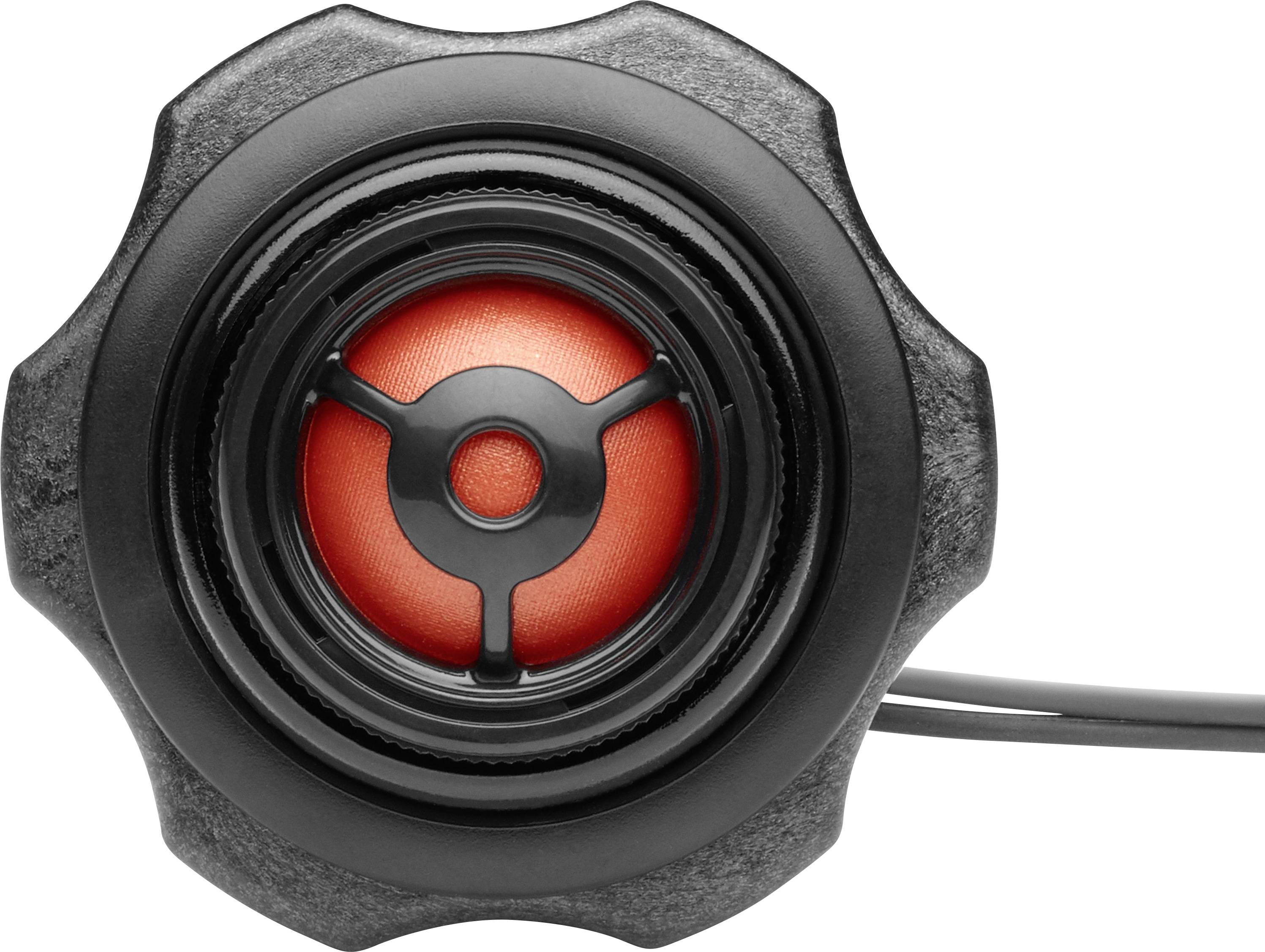 Camera lens viewed from the front with a red-coloured inner section in the middle and a black casing.