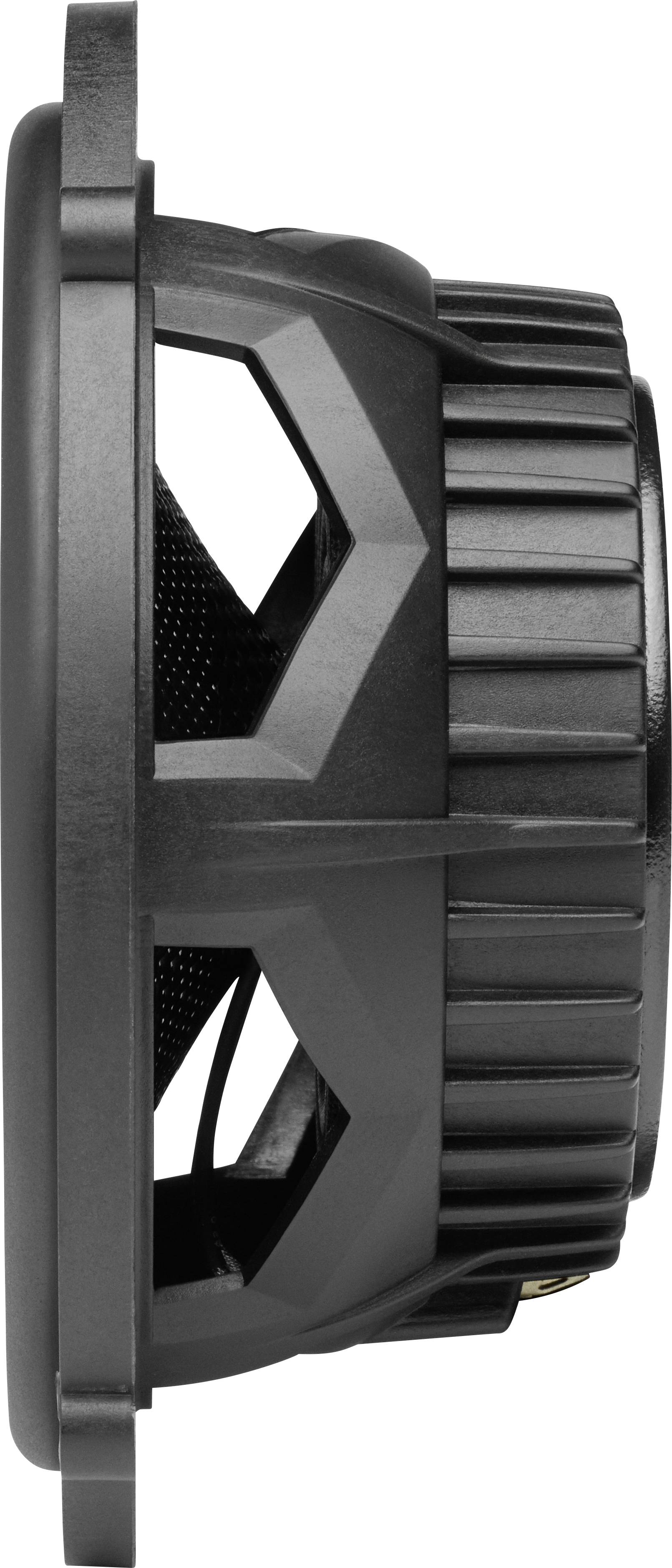 Side view of a round, black speaker with a distinctive hexagonal design. Suitable for audio or acoustic contexts.