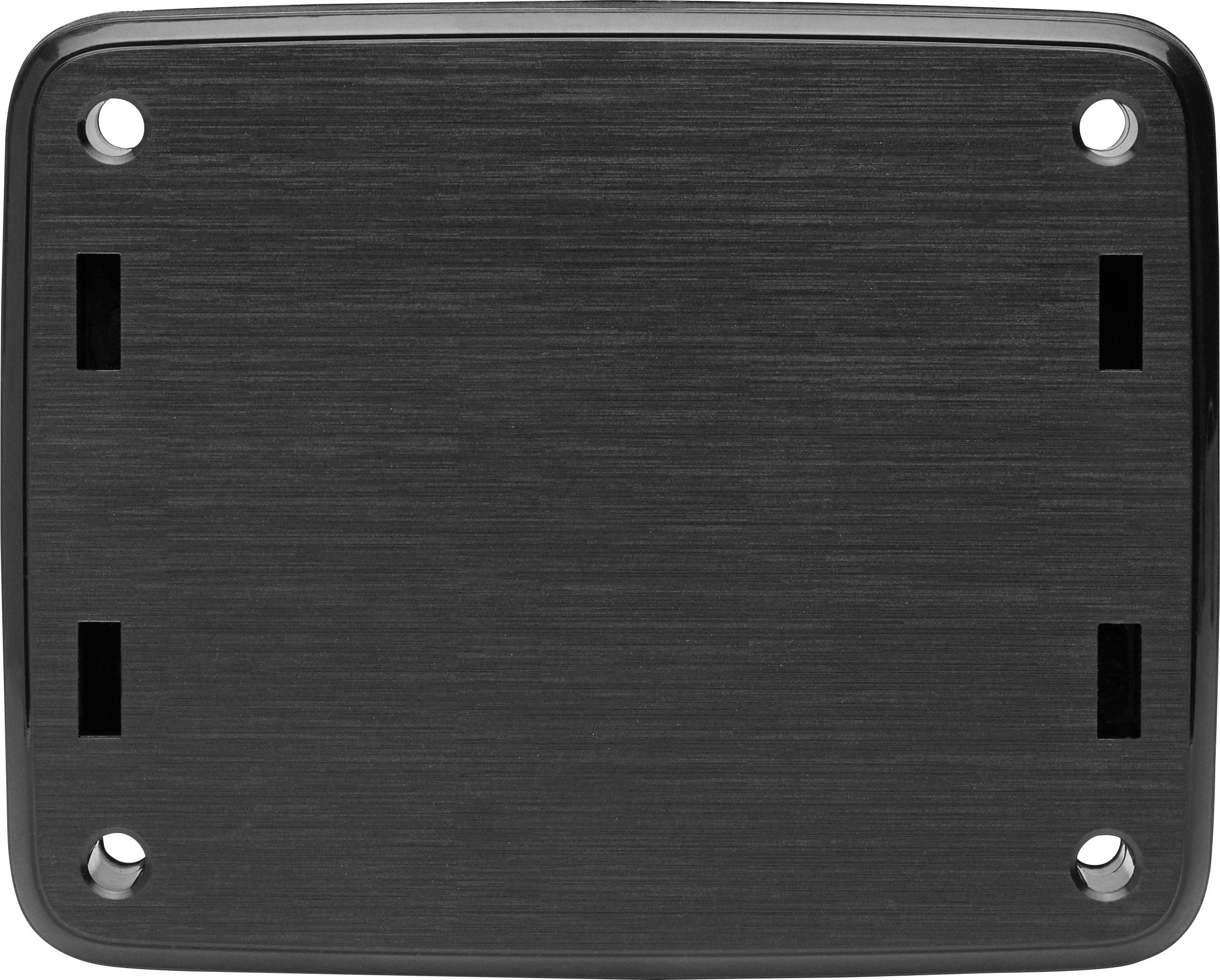 A black, rectangular metal plate with four drill holes at the corners and two rectangular slots on each side, possibly for mounting purposes.