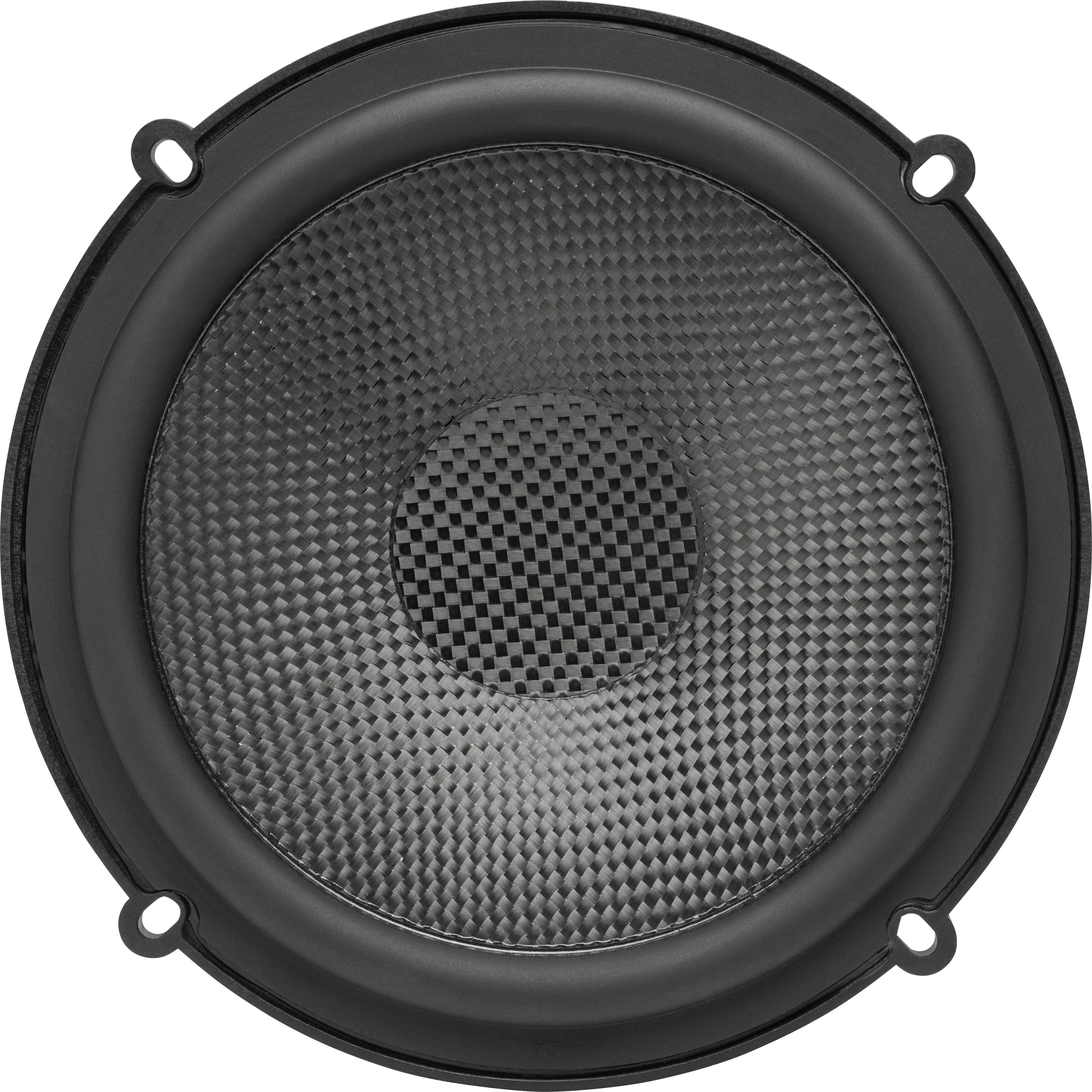 A black speaker with a geometric pattern on the membrane.