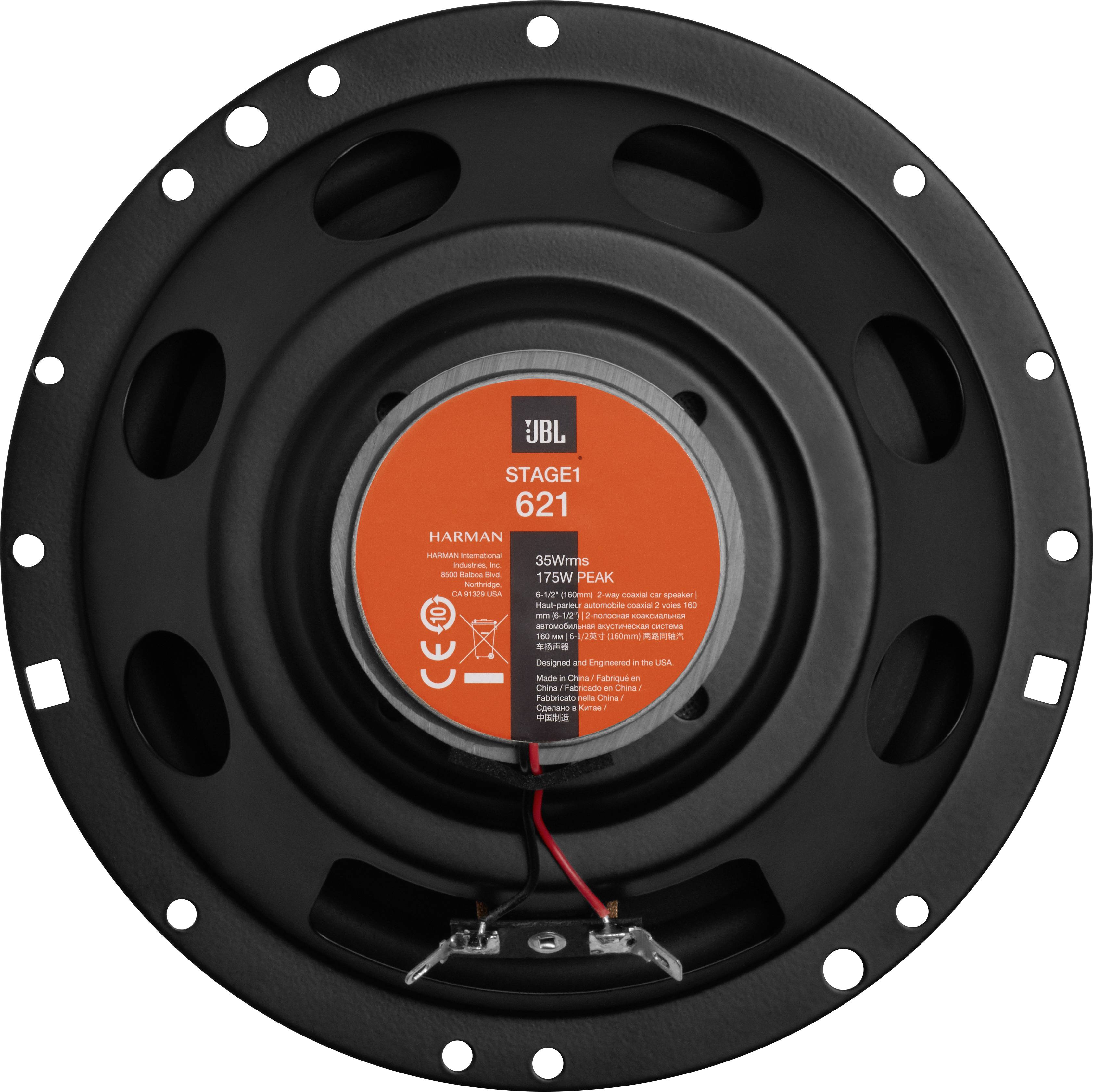 Speaker woofer with a black enclosure and a red label in the centre displaying technical specifications.