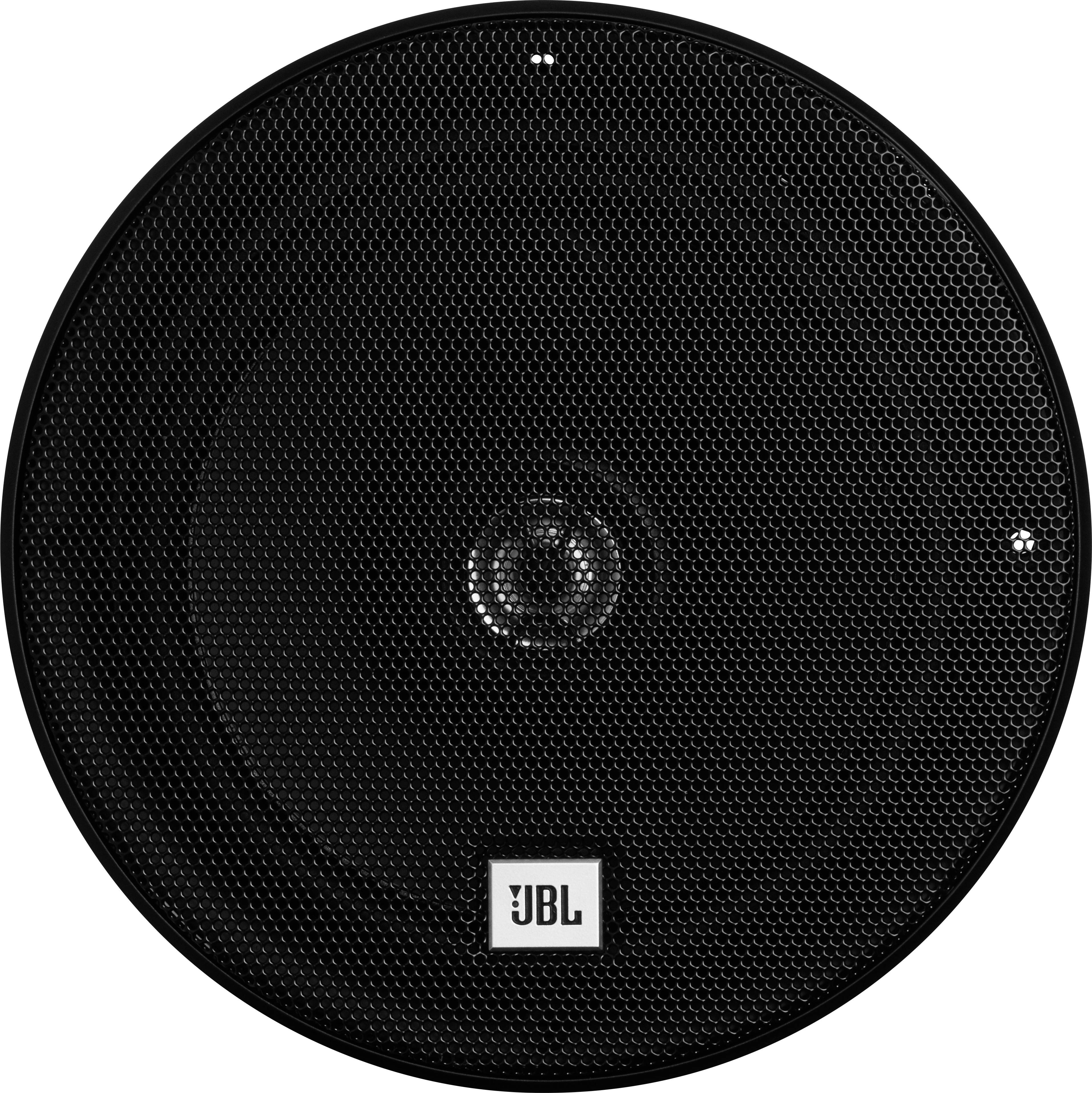 Round black speaker with a grille design and a small white logo displaying the brand name.