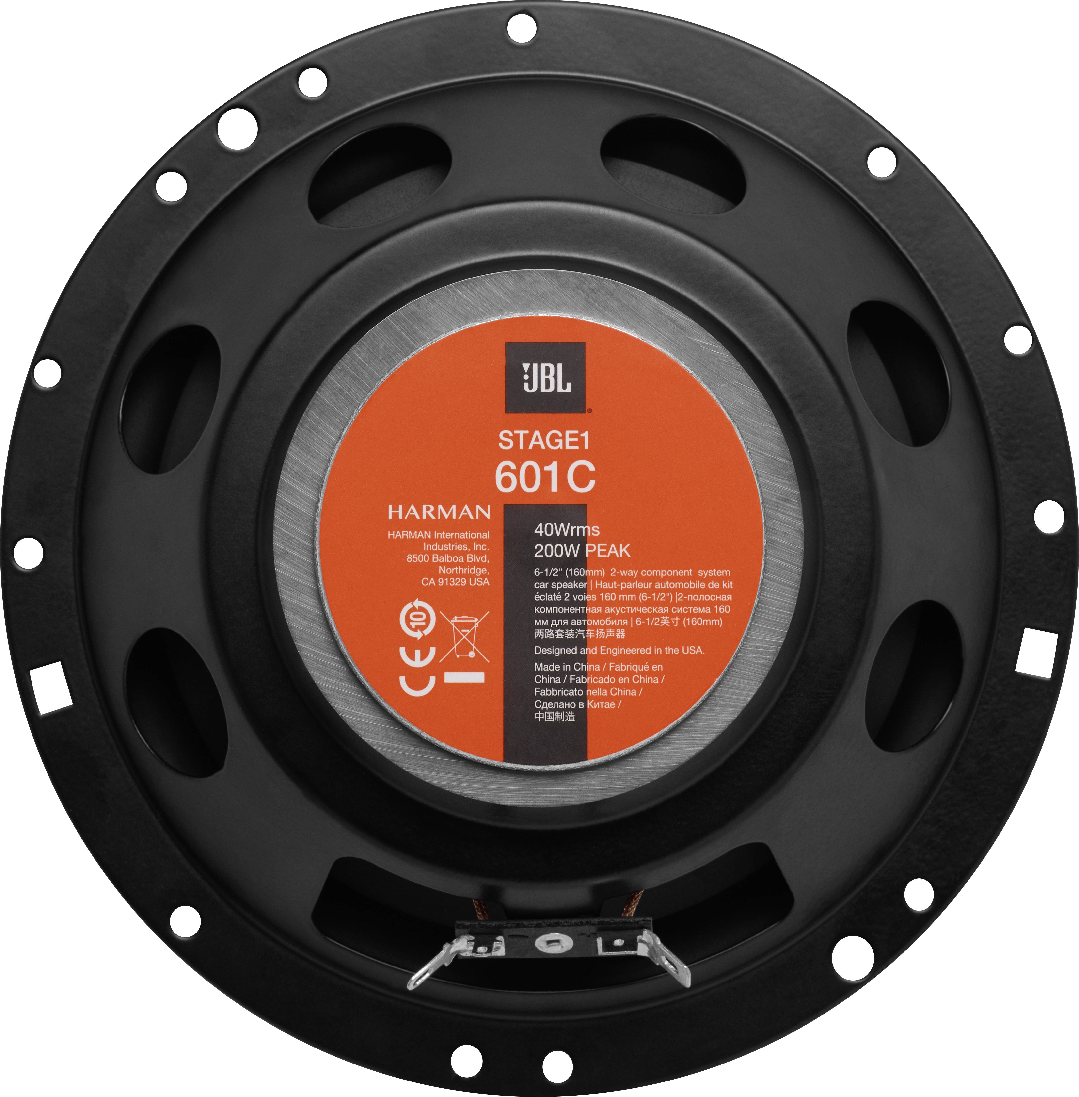 A black speaker with an orange label displays the text 'JBL Stage1 601C'. 400W RMS, 200W Peak, 6.5' component system.