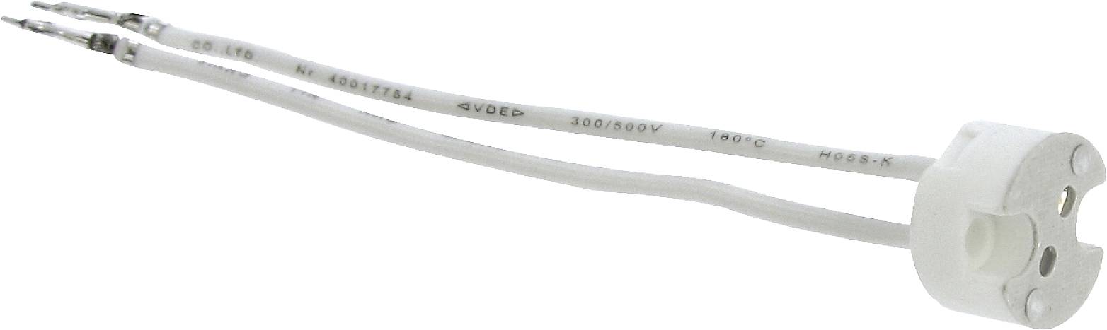 White ceramic socket for GU10 or MR16 LED lamps with two connected wires for power supply.