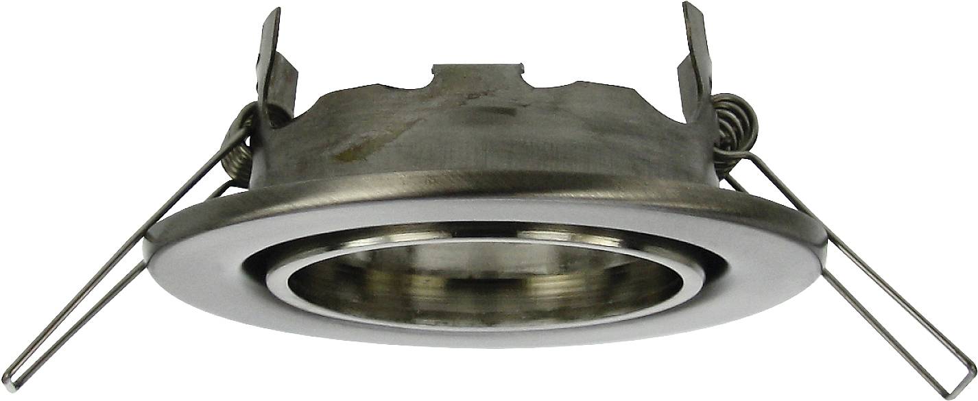 Metallic recessed frame for ceiling light with two spring clips, suitable for round lamps in interior spaces.