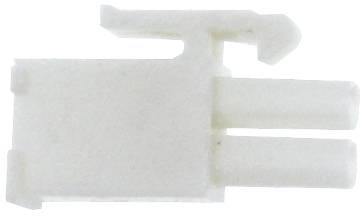 Two-pin white electrical connector viewed from above, typically used in small electrical devices or circuits.