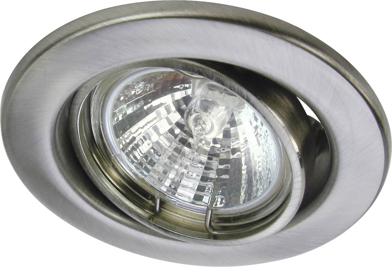 A silver ceiling recessed light with a round frame and glass lens, casting light downwards.