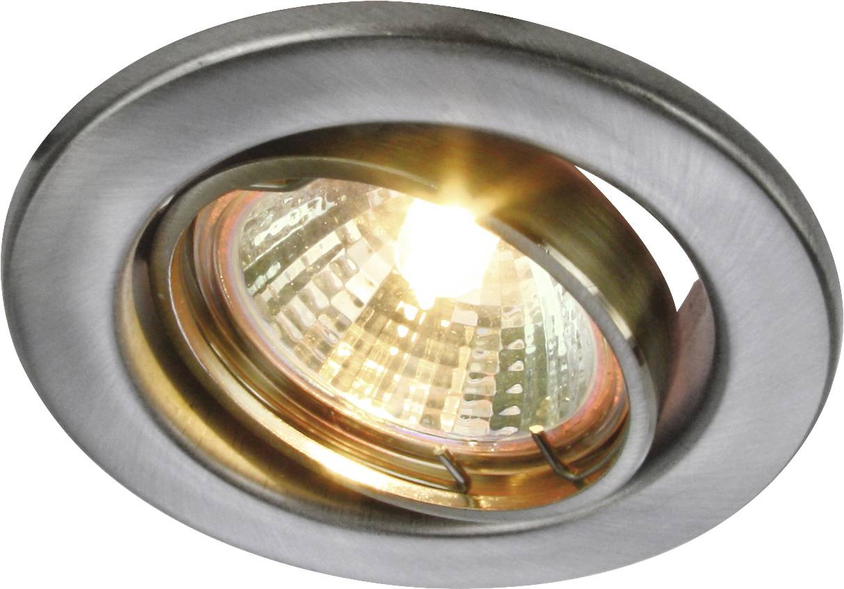 Metal recessed light fixture in close-up, switched on, showing the glowing light bulb element with reflective interior.