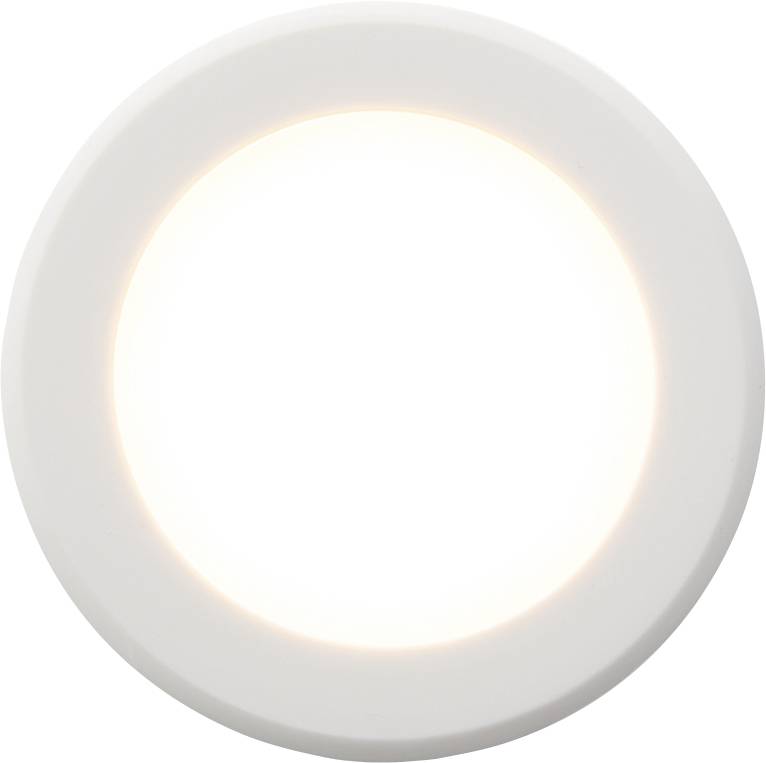 Round LED ceiling light, illuminating, with white frame. Suitable for modern interiors and provides even light distribution.
