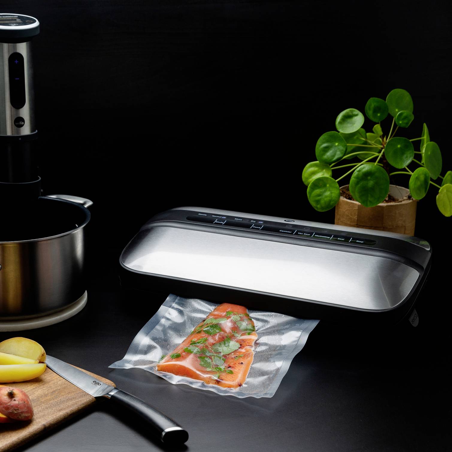 Vacuum sealing device on kitchen table with sealed salmon fillet, kitchen knife, potato slices and plant in the background.