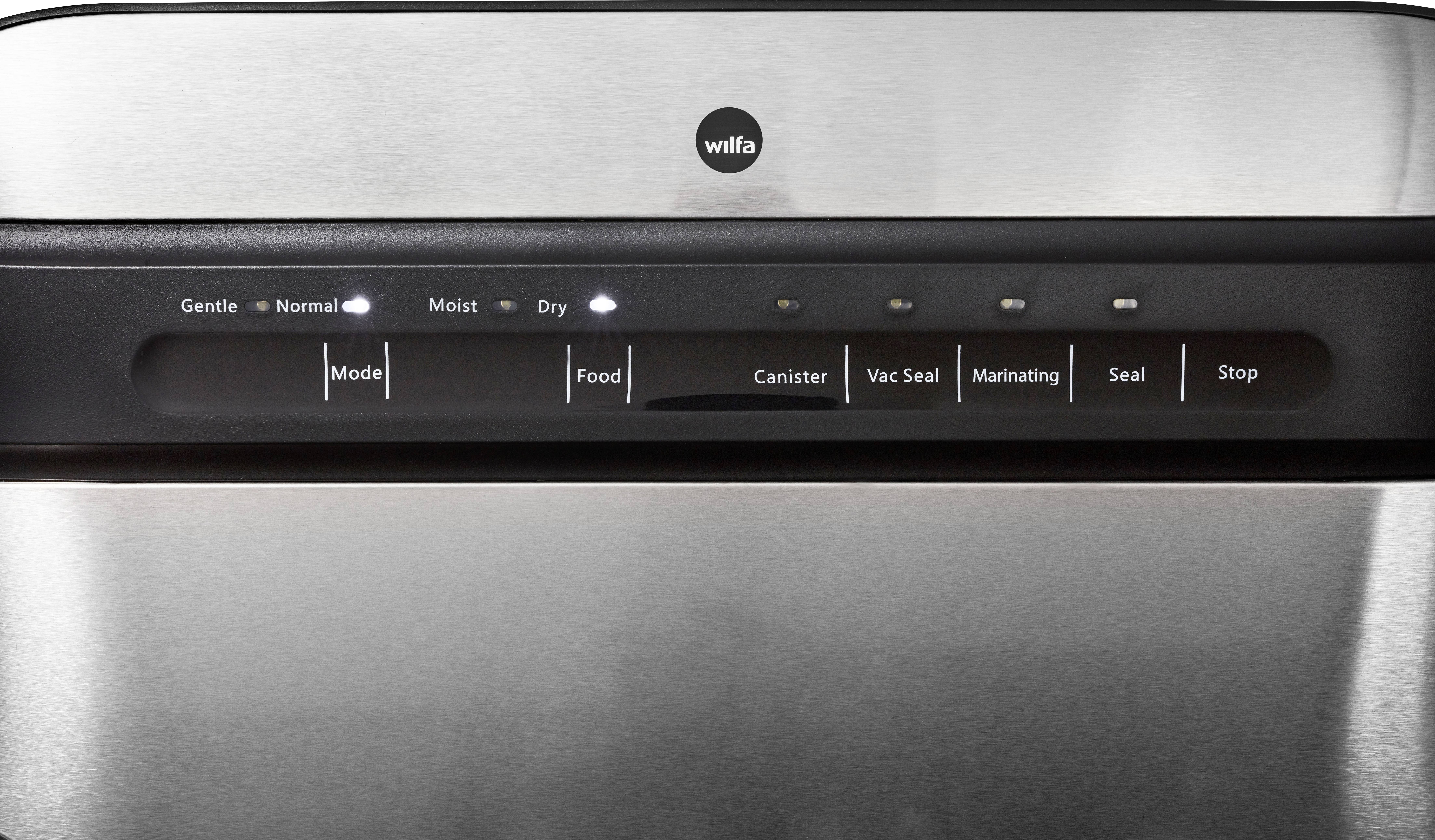 Stainless steel vacuum sealer control panel with options: 'Gentle', 'Normal', 'Moist', 'Dry'. Buttons: 'Mode', 'Food', 'Canister', 'Vac Seal', 'Maintaining', 'Seal', 'Stop'.
